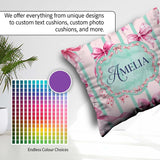 Custom Name Watercolor Pink Bow Seamless Pattern with Mint Green Square Filled Cushion Throw Pillow Sofa Bed Home Decor Zip Washable UK Made