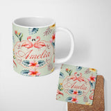 Personalized Custom Name Elegant Pink Flamingos Tropical Flowers on Sage Green Background 11oz Ceramic Coffee Tea Mug White Large Handle