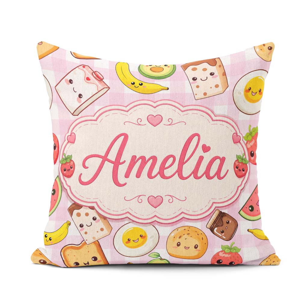 Custom Name Kawaii Food Seamless Pattern Pink Gingham Background Square Filled Cushion Throw Pillow Sofa Bed Home Decor Zip Washable UK Made