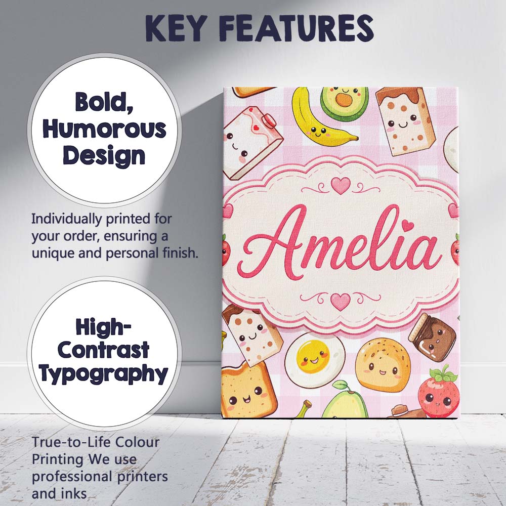 Personalised Name Cute Kawaii Breakfast Custom  Modern Room Accent Elegant Feature Canvas Wall Art Print Decor Picture Ready to Hang