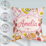 Custom Name Kawaii Food Seamless Pattern Pink Gingham Background Square Filled Cushion Throw Pillow Sofa Bed Home Decor Zip Washable UK Made