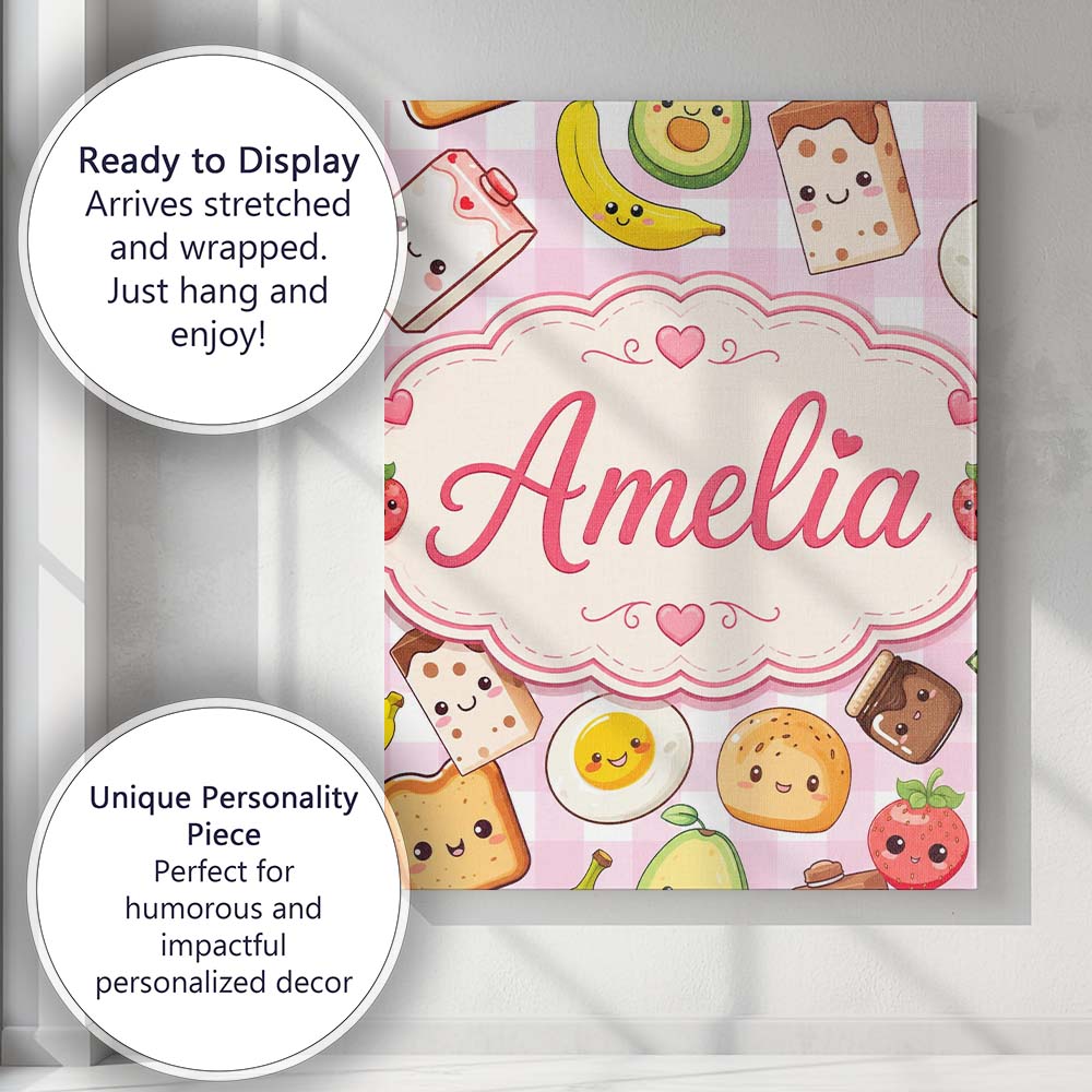 Personalised Name Cute Kawaii Breakfast Custom  Modern Room Accent Elegant Feature Canvas Wall Art Print Decor Picture Ready to Hang