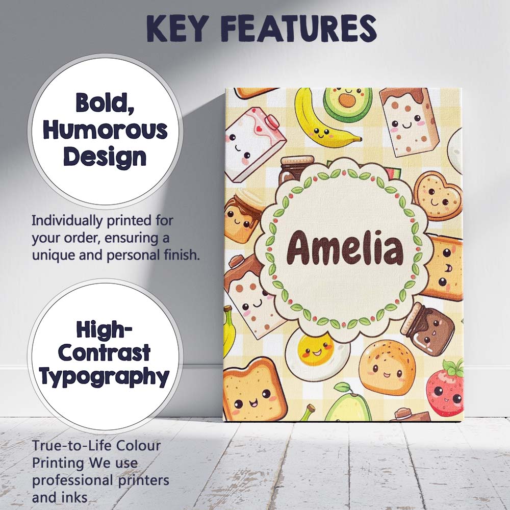Personalised Name Cute Kawaii Breakfast Custom  Modern Room Accent Elegant Feature Canvas Wall Art Print Decor Picture Ready to Hang