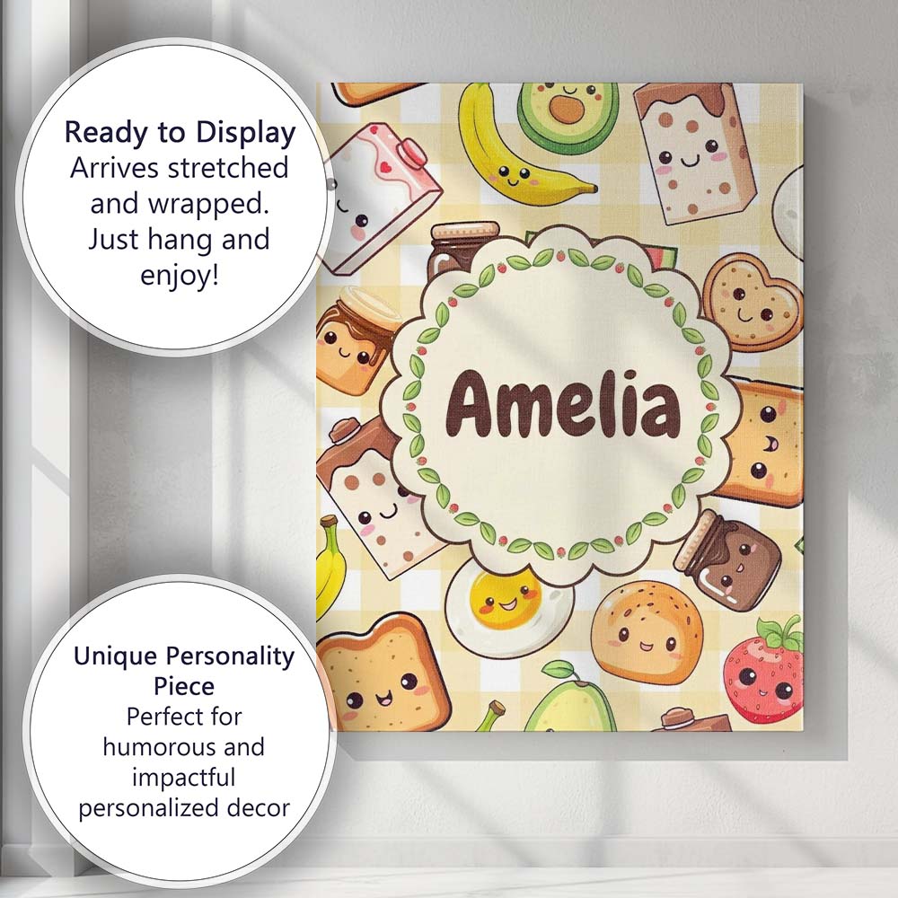 Personalised Name Cute Kawaii Breakfast Custom  Modern Room Accent Elegant Feature Canvas Wall Art Print Decor Picture Ready to Hang