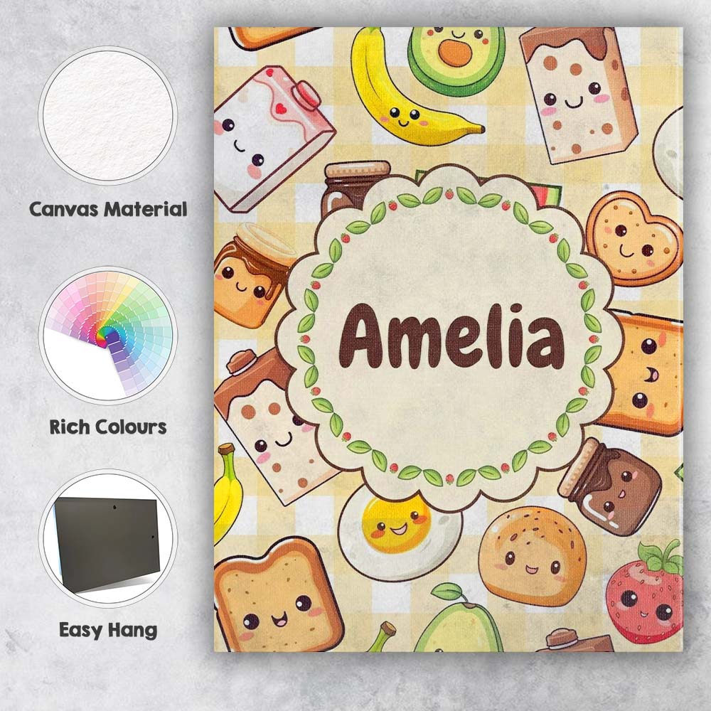 Personalised Name Cute Kawaii Breakfast Custom  Modern Room Accent Elegant Feature Canvas Wall Art Print Decor Picture Ready to Hang