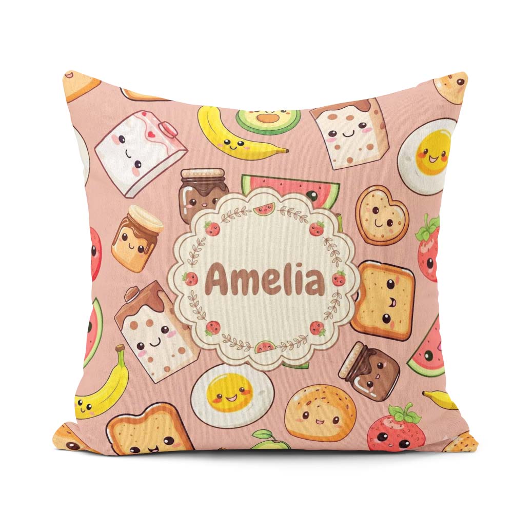 Custom Name Breakfast Food Seamless Pattern Beige Background Fun Square Filled Cushion Throw Pillow Sofa Bed Home Decor Zip Washable UK Made