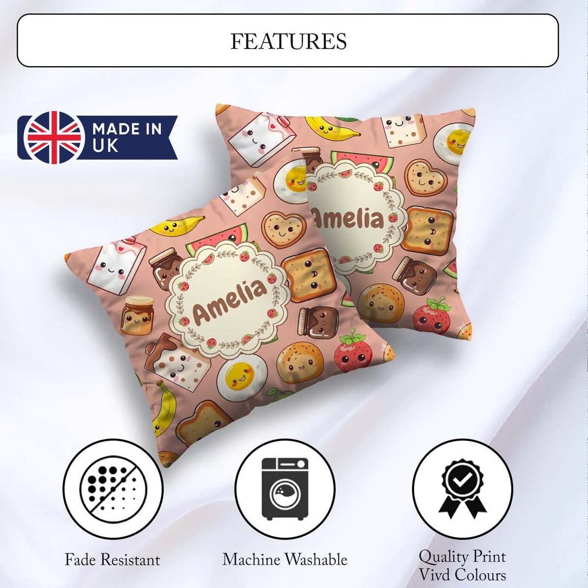 Custom Name Breakfast Food Seamless Pattern Beige Background Fun Square Filled Cushion Throw Pillow Sofa Bed Home Decor Zip Washable UK Made