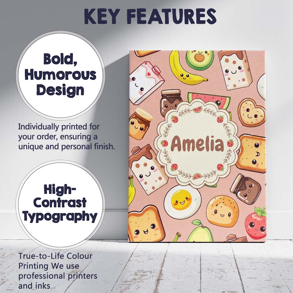 Personalised Name Cute Kawaii Breakfast Custom  Modern Room Accent Elegant Feature Canvas Wall Art Print Decor Picture Ready to Hang