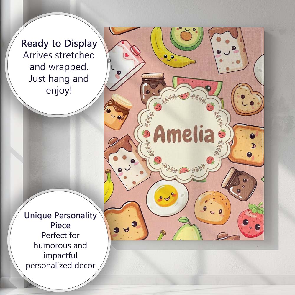 Personalised Name Cute Kawaii Breakfast Custom  Modern Room Accent Elegant Feature Canvas Wall Art Print Decor Picture Ready to Hang
