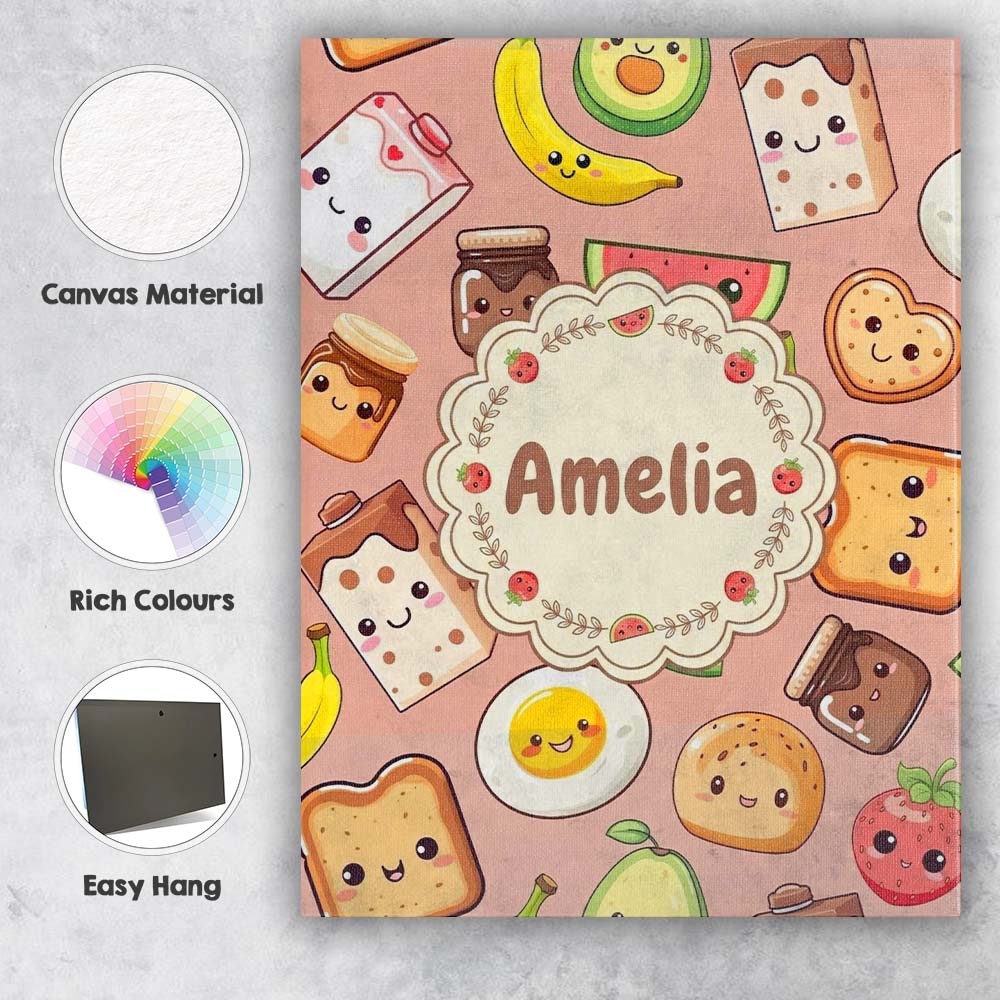 Personalised Name Cute Kawaii Breakfast Custom  Modern Room Accent Elegant Feature Canvas Wall Art Print Decor Picture Ready to Hang