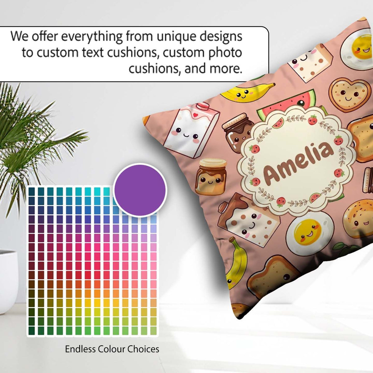 Custom Name Breakfast Food Seamless Pattern Beige Background Fun Square Filled Cushion Throw Pillow Sofa Bed Home Decor Zip Washable UK Made