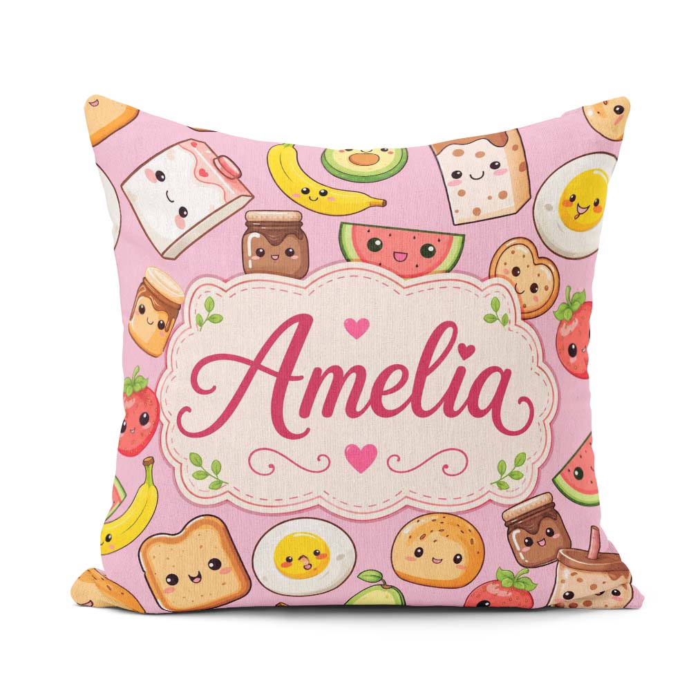 Custom Name Kawaii Breakfast Food Seamless Light Pink Background Square Filled Cushion Throw Pillow Sofa Bed Home Decor Zip Washable UK Made