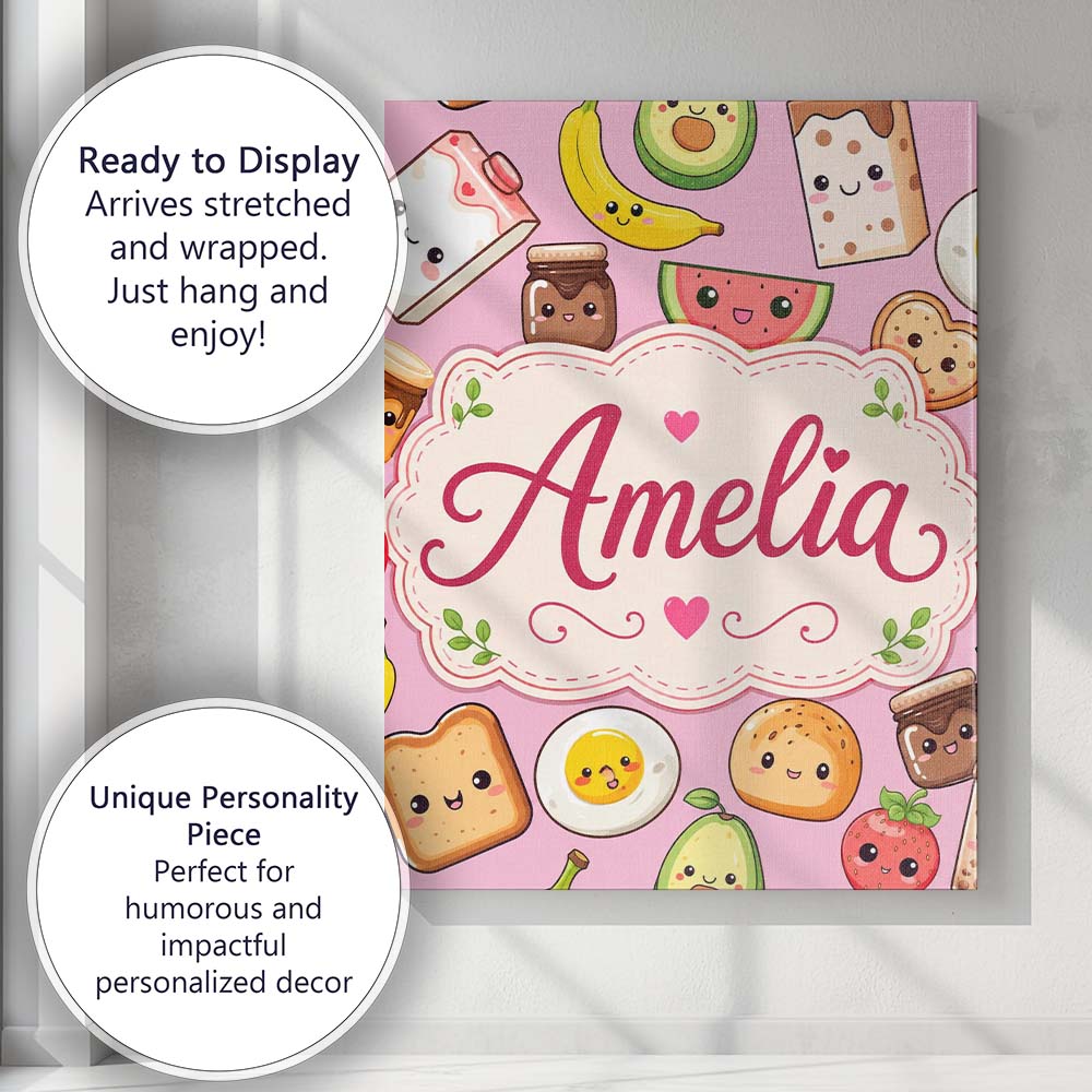 Personalised Name Cute Kawaii Breakfast Custom  Modern Room Accent Elegant Feature Canvas Wall Art Print Decor Picture Ready to Hang