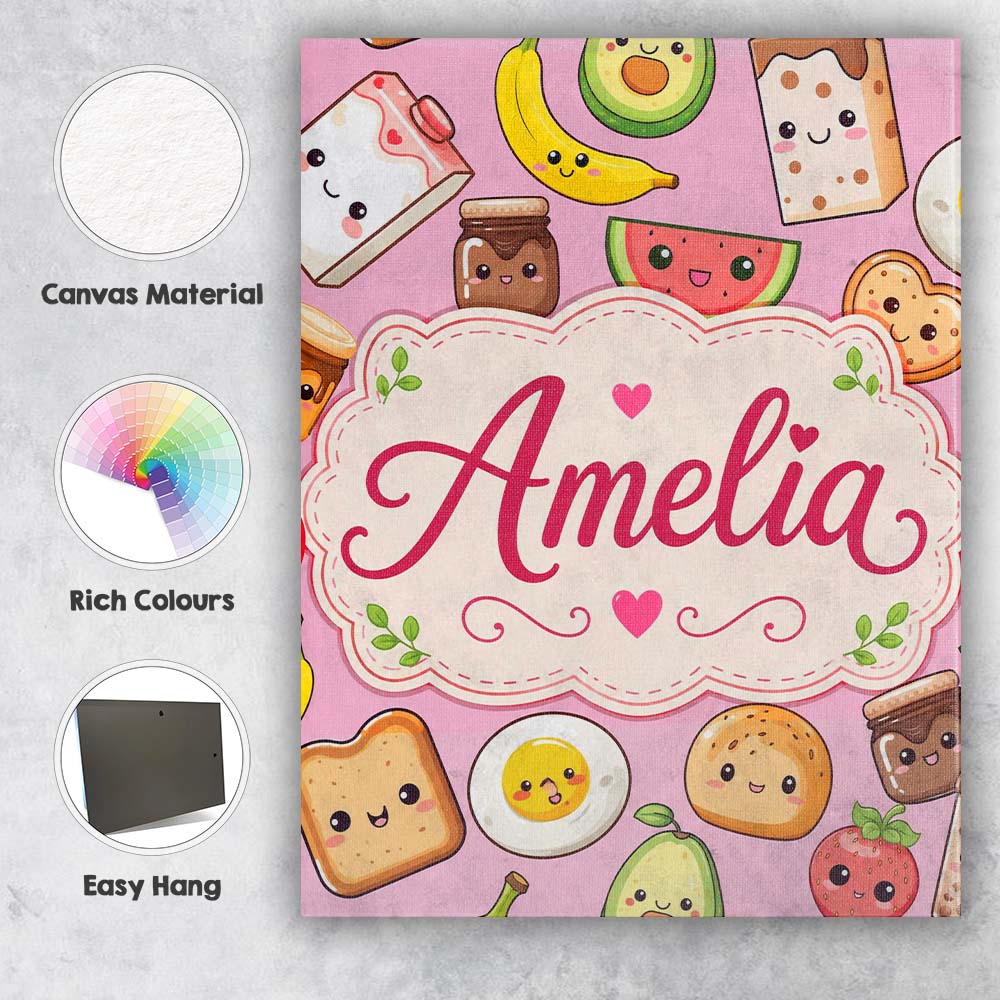 Personalised Name Cute Kawaii Breakfast Custom  Modern Room Accent Elegant Feature Canvas Wall Art Print Decor Picture Ready to Hang