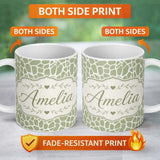 Personalized Custom Name Abstract Organic Giraffe Print Pattern in Soft Sage Green and Cream 11oz Ceramic Coffee Tea Mug White Large Handle