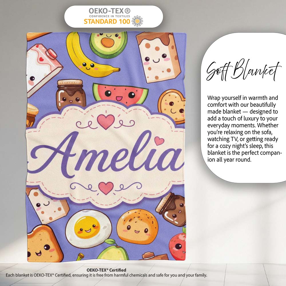 Cute Kawaii Breakfast Food Seamless Pattern Purple Background Fun  Personalised Custom Name Super Soft Fleece Blanket Bed Sofa Throw