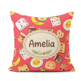 Custom Name Cute Kawaii Food Seamless Pattern Red Background Fun Square Filled Cushion Throw Pillow Sofa Bed Home Decor Zip Washable UK Made