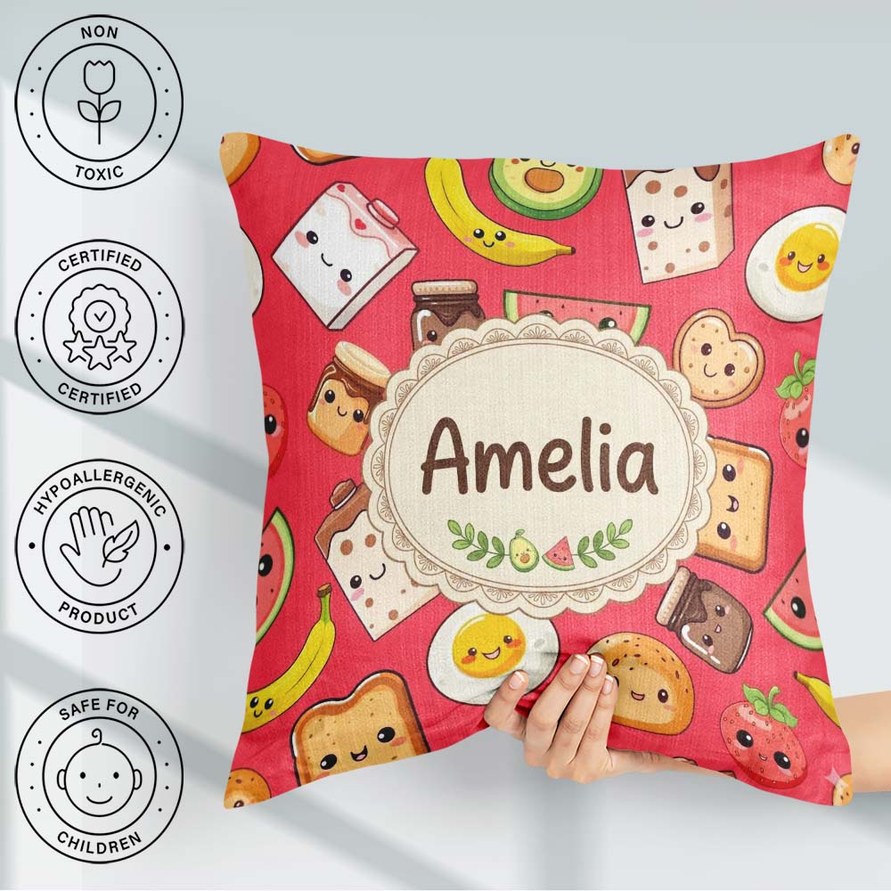 Custom Name Cute Kawaii Food Seamless Pattern Red Background Fun Square Filled Cushion Throw Pillow Sofa Bed Home Decor Zip Washable UK Made