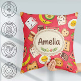 Custom Name Cute Kawaii Food Seamless Pattern Red Background Fun Square Filled Cushion Throw Pillow Sofa Bed Home Decor Zip Washable UK Made