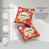 Custom Name Cute Kawaii Food Seamless Pattern Red Background Fun Square Filled Cushion Throw Pillow Sofa Bed Home Decor Zip Washable UK Made