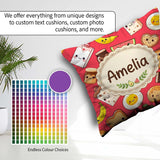 Custom Name Cute Kawaii Food Seamless Pattern Red Background Fun Square Filled Cushion Throw Pillow Sofa Bed Home Decor Zip Washable UK Made