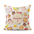 Custom Name Cute Kawaii Breakfast Food Seamless Pattern Grey Fun Square Filled Cushion Throw Pillow Sofa Bed Home Decor Zip Washable UK Made