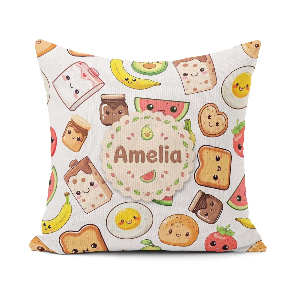 Custom Name Cute Kawaii Breakfast Food Seamless Pattern Grey Fun Square Filled Cushion Throw Pillow Sofa Bed Home Decor Zip Washable UK Made