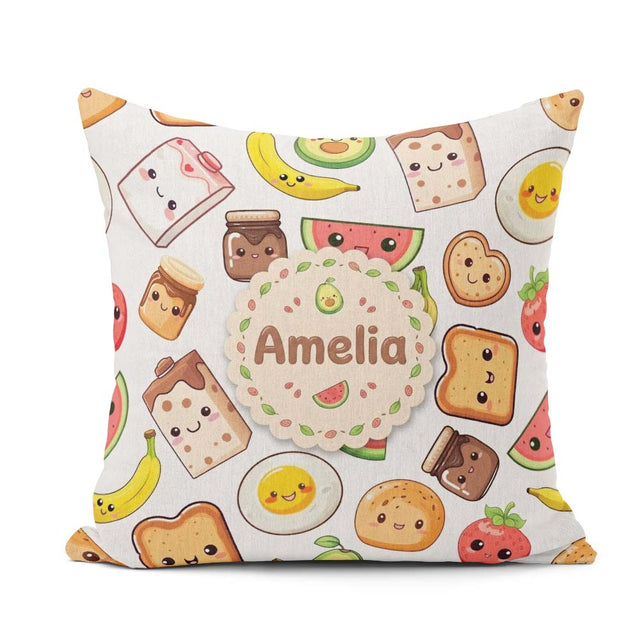 Custom Name Cute Kawaii Breakfast Food Seamless Pattern Grey Fun Square Filled Cushion Throw Pillow Sofa Bed Home Decor Zip Washable UK Made