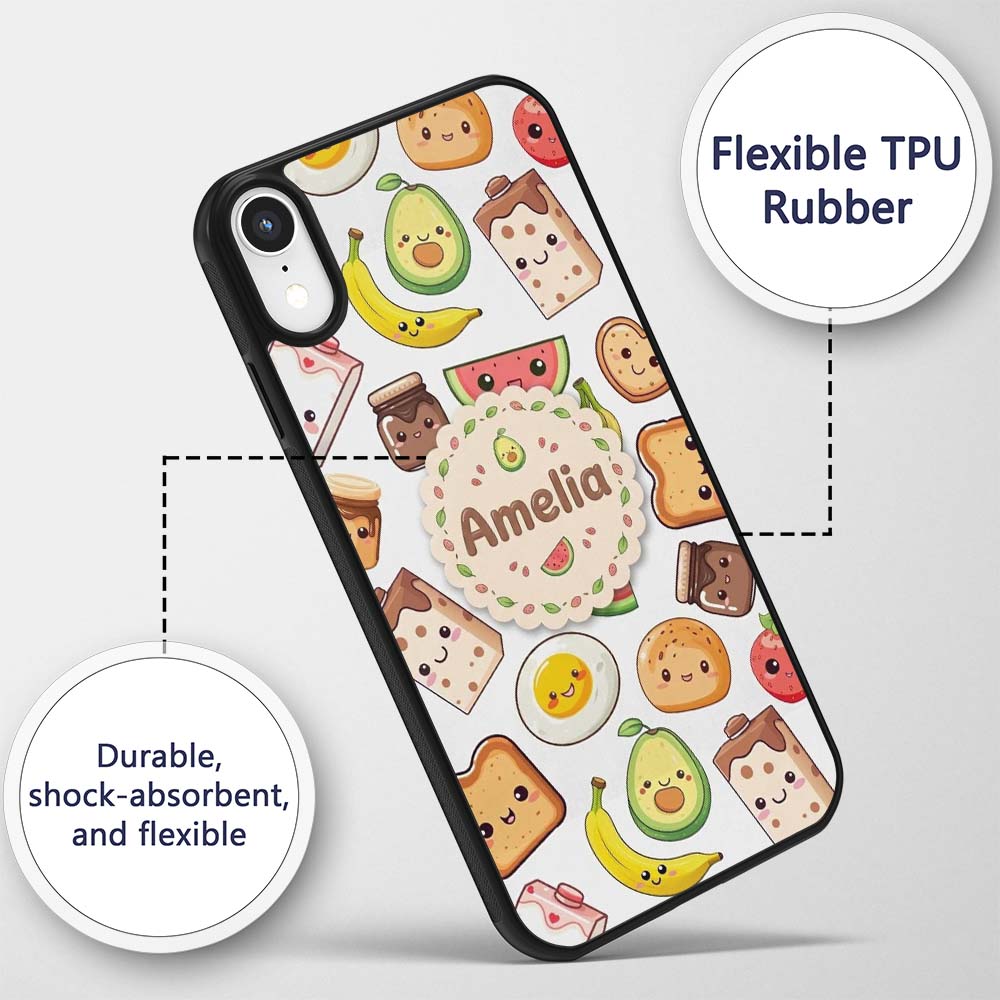 Cute Kawaii Breakfast Food Seamless Pattern Grey Custom Name Protective Phone Case Mobile Cover Durable Everyday Smartphone Shock Resistant