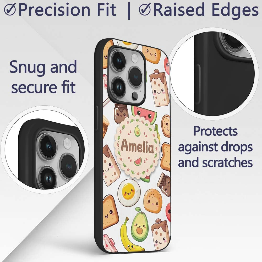 Cute Kawaii Breakfast Food Seamless Pattern Grey Custom Name Protective Phone Case Mobile Cover Durable Everyday Smartphone Shock Resistant