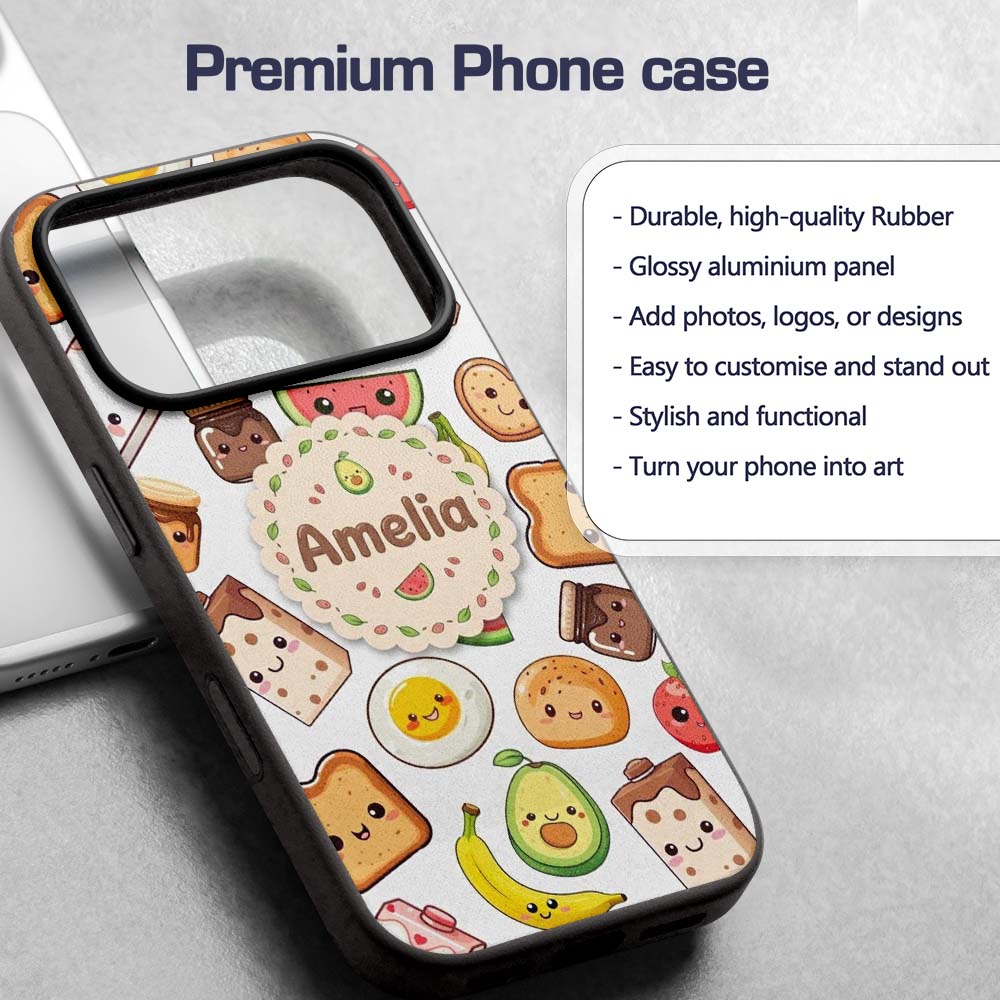 Cute Kawaii Breakfast Food Seamless Pattern Grey Custom Name Protective Phone Case Mobile Cover Durable Everyday Smartphone Shock Resistant