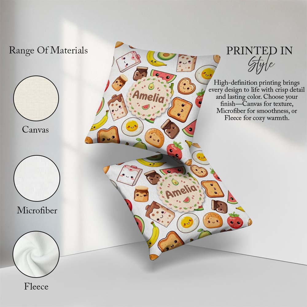 Custom Name Cute Kawaii Breakfast Food Seamless Pattern Grey Fun Square Filled Cushion Throw Pillow Sofa Bed Home Decor Zip Washable UK Made