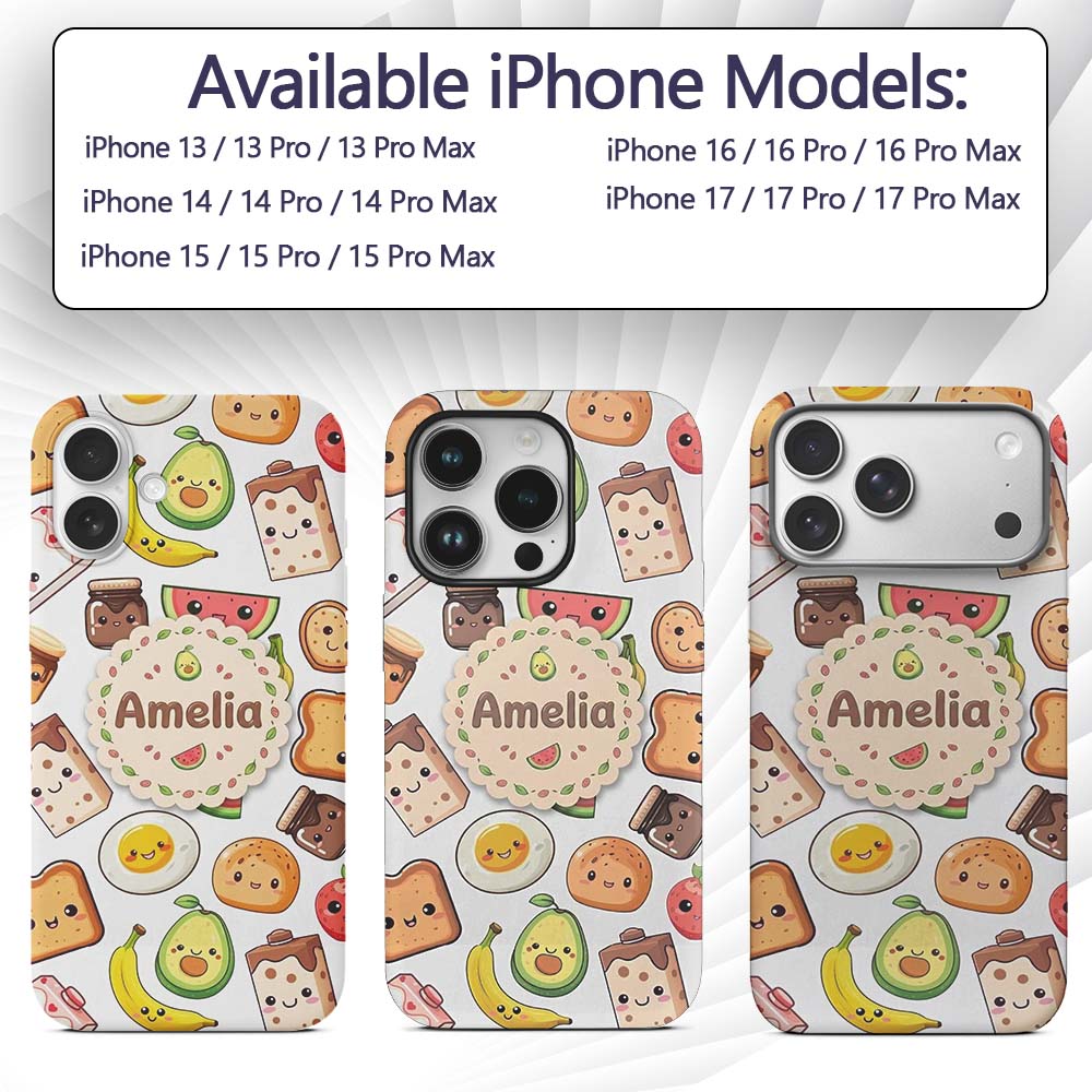 Cute Kawaii Breakfast Food Seamless Pattern Grey Custom Name Protective Phone Case Mobile Cover Durable Everyday Smartphone Shock Resistant