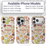 Cute Kawaii Breakfast Food Seamless Pattern Grey Custom Name Protective Phone Case Mobile Cover Durable Everyday Smartphone Shock Resistant