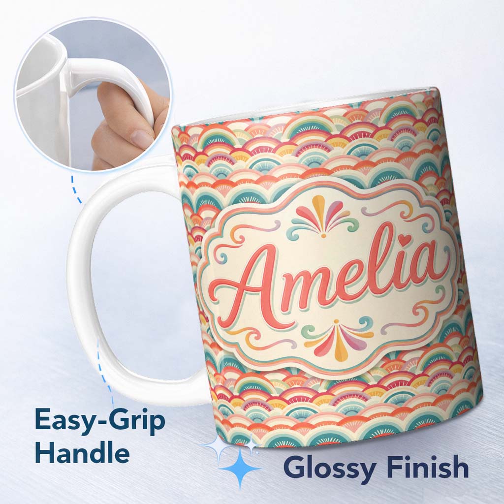 Personalized Custom Name Scallop Rainbow Arches Seamless Pattern Beautiful Coffee Cup Lovely 11oz Ceramic Coffee Tea Mug White Large Handle