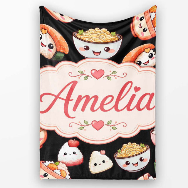 Cute Kawaii Sushi And Japanese Food Seamless Pattern White Lovely  Personalised Custom Name Super Soft Fleece Blanket Bed Sofa Throw