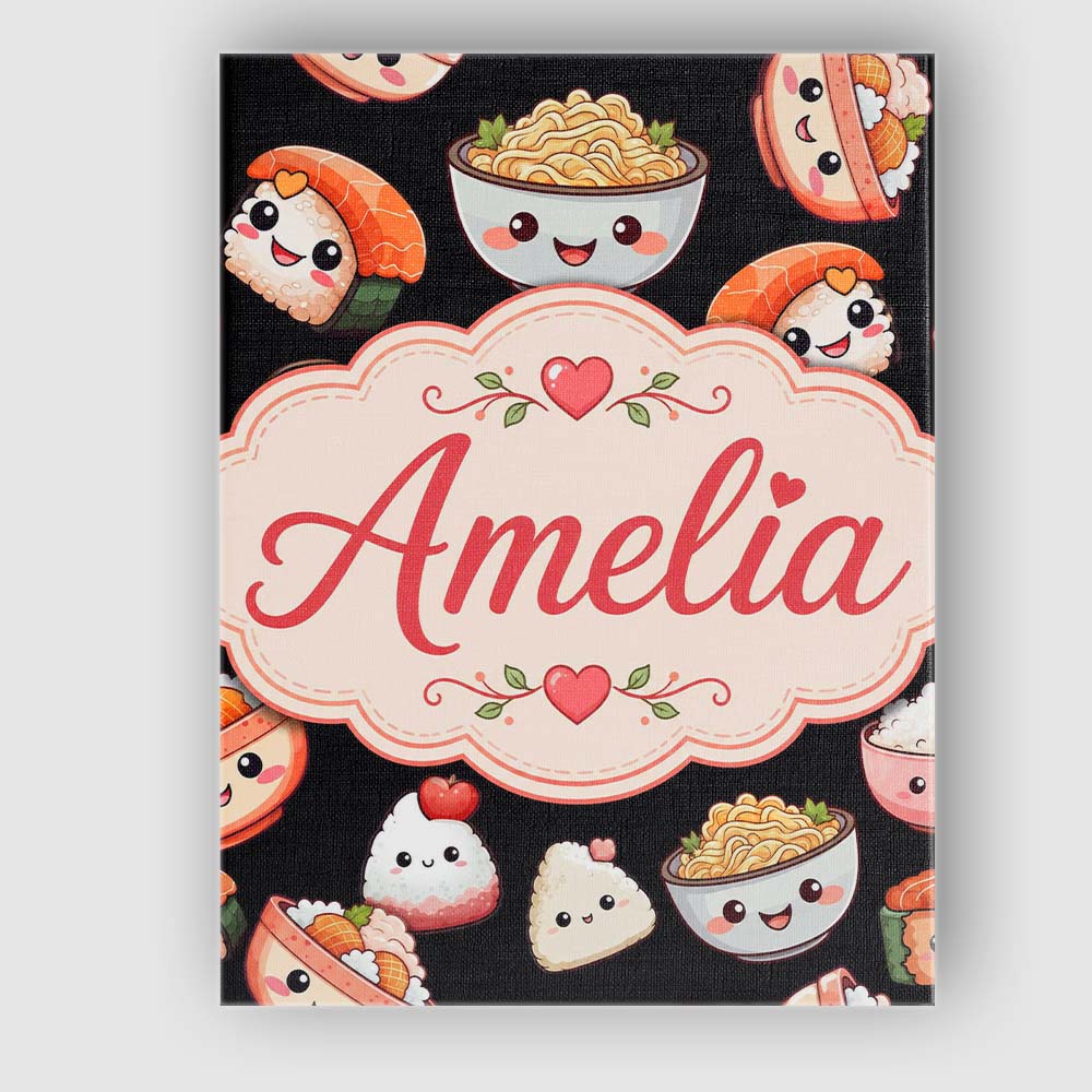 Personalised Name Cute Kawaii Sushi And Custom  Modern Room Accent Elegant Feature Canvas Wall Art Print Decor Picture Ready to Hang