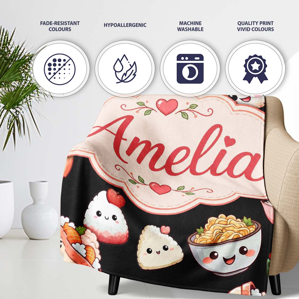 Cute Kawaii Sushi And Japanese Food Seamless Pattern White Lovely  Personalised Custom Name Super Soft Fleece Blanket Bed Sofa Throw
