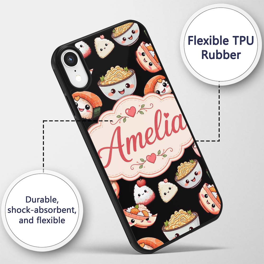 Cute Kawaii Sushi And Japanese Food Seamless Custom Name Protective Phone Case Mobile Cover Durable Everyday Smartphone Shock Resistant