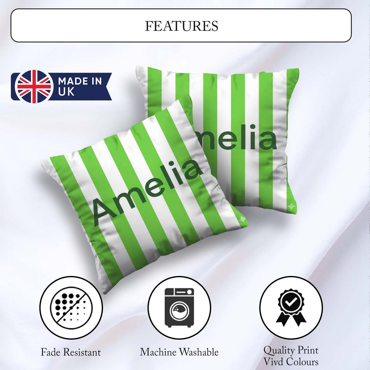 Custom Name Simple Green White Vertical Seamless Pattern Minimal Square Filled Cushion Throw Pillow Sofa Bed Home Decor Zip Washable UK Made