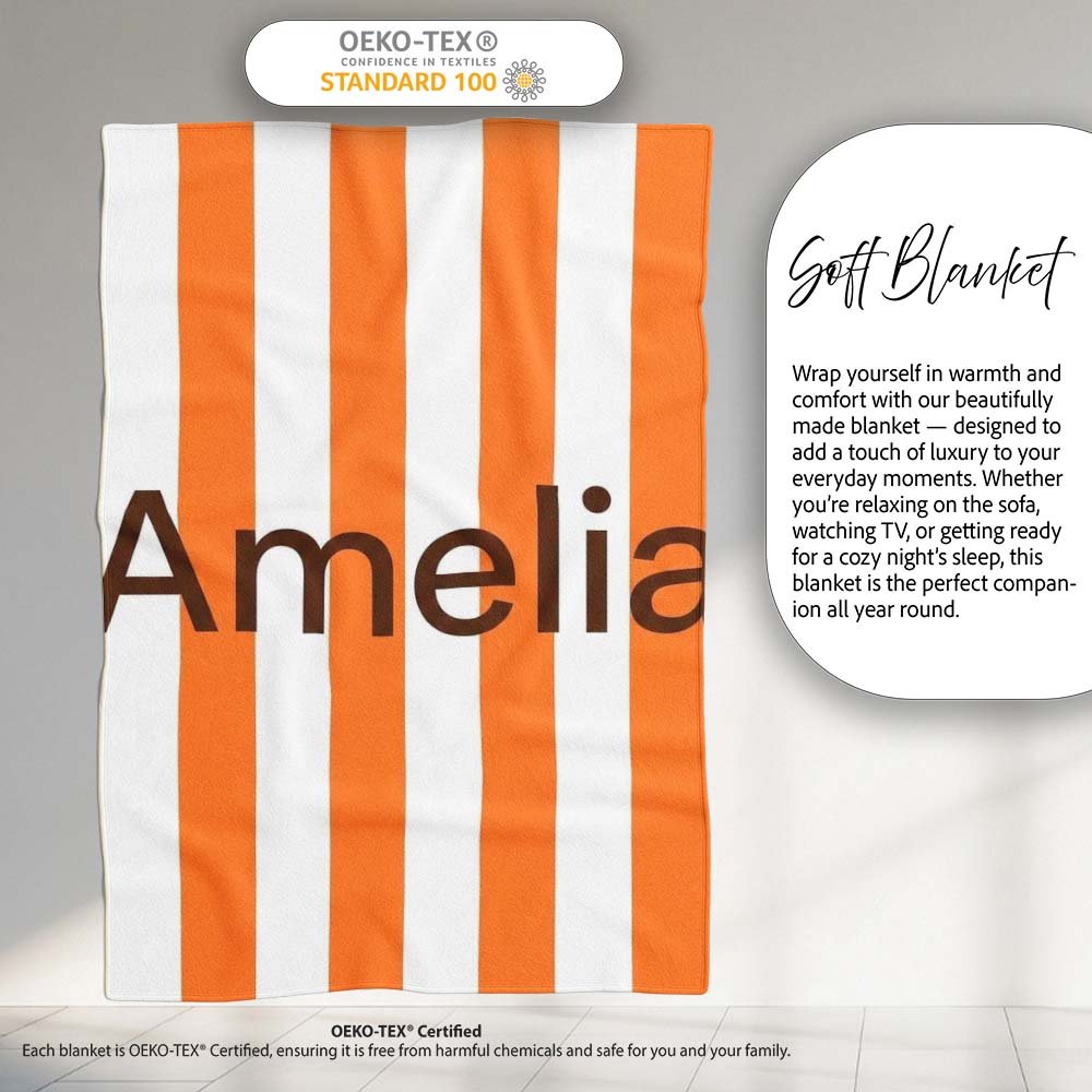Simple Orange And White Vertical Stripe Seamless Pattern Minimal  Personalised Custom Name Super Soft Fleece Blanket Bed Sofa Throw