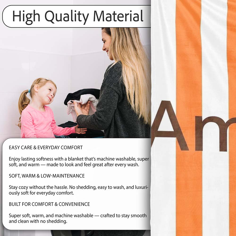 Simple Orange And White Vertical Stripe Seamless Pattern Minimal  Personalised Custom Name Super Soft Fleece Blanket Bed Sofa Throw