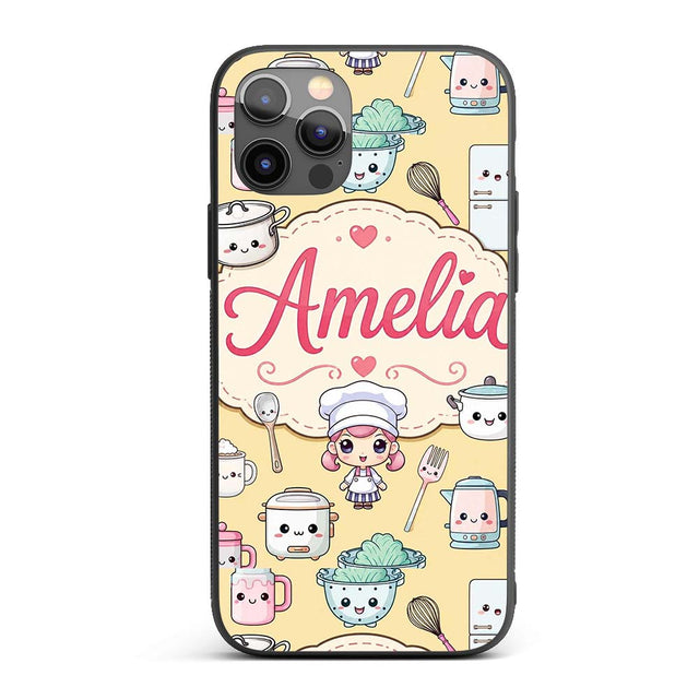 Cute Kawaii Utensils And Chef Girl Printed Design Custom Name Protective Phone Case Mobile Cover Durable Everyday Smartphone Shock Resistant