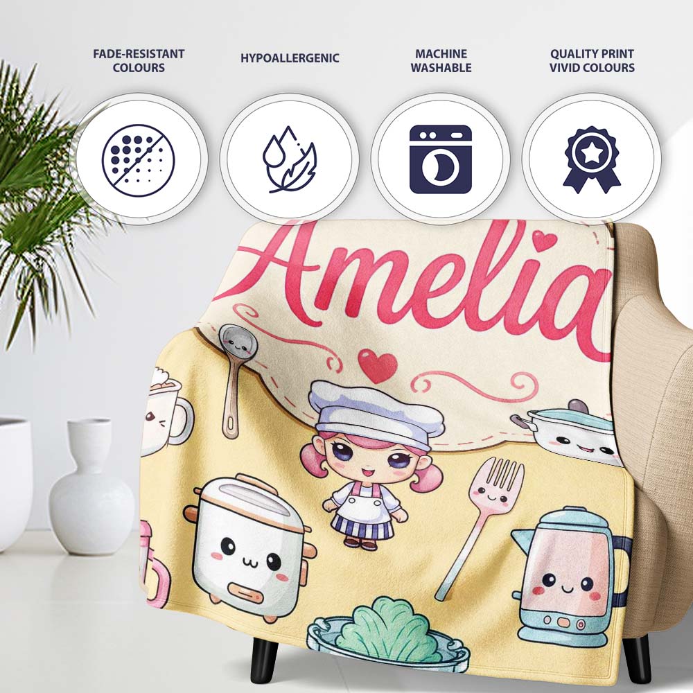 Cute Kawaii  Utensils And Chef Girl Seamless Pattern Beige  Personalised Custom Name Super Soft Fleece Blanket Bed Sofa Throw