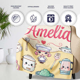 Cute Kawaii  Utensils And Chef Girl Seamless Pattern Beige  Personalised Custom Name Super Soft Fleece Blanket Bed Sofa Throw