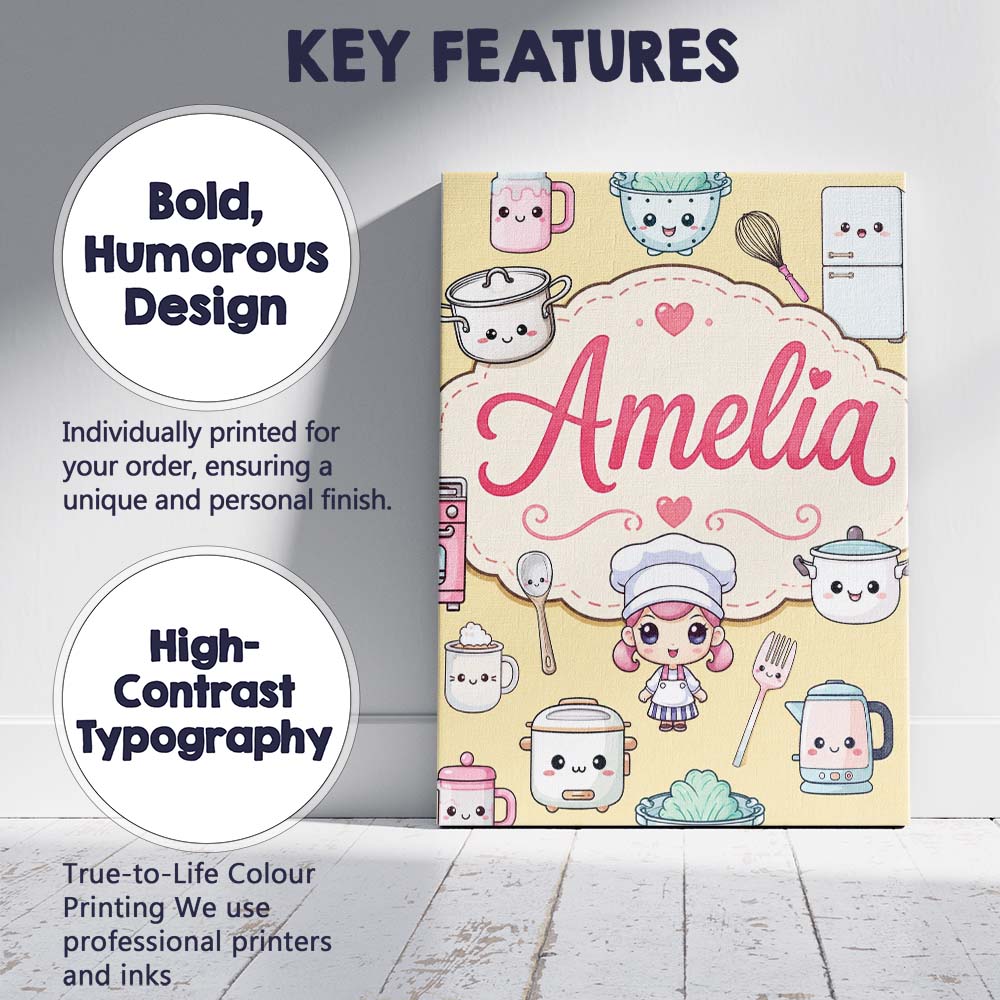Personalised Name Cute Kawaii Utensils And Custom  Unique Gift Idea Elegant Feature Canvas Wall Art Print Decor Picture Ready to Hang