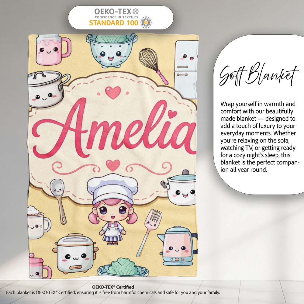 Cute Kawaii  Utensils And Chef Girl Seamless Pattern Beige  Personalised Custom Name Super Soft Fleece Blanket Bed Sofa Throw