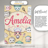 Cute Kawaii  Utensils And Chef Girl Seamless Pattern Beige  Personalised Custom Name Super Soft Fleece Blanket Bed Sofa Throw