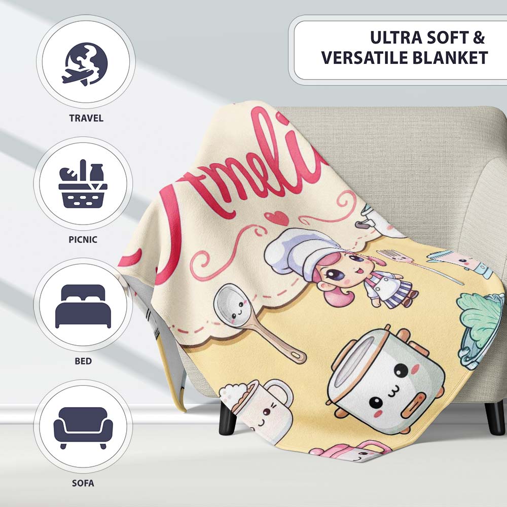 Cute Kawaii  Utensils And Chef Girl Seamless Pattern Beige  Personalised Custom Name Super Soft Fleece Blanket Bed Sofa Throw