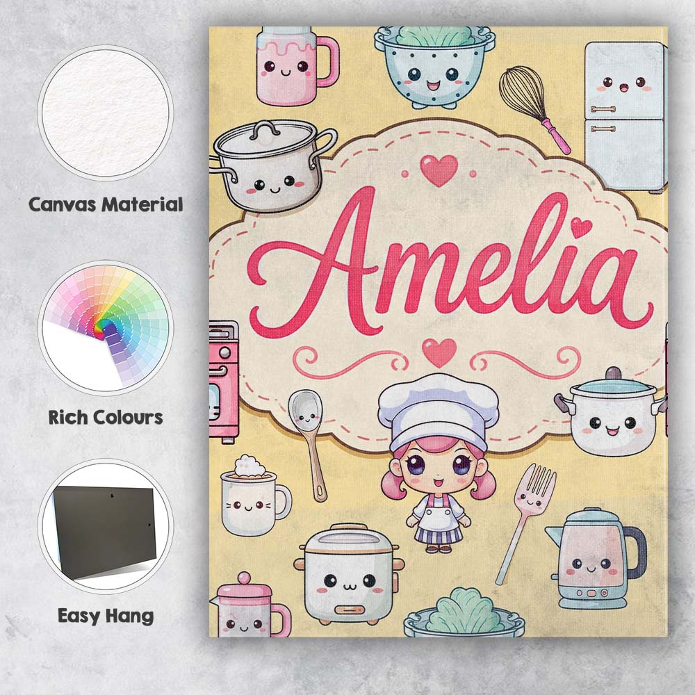 Personalised Name Cute Kawaii Utensils And Custom  Unique Gift Idea Elegant Feature Canvas Wall Art Print Decor Picture Ready to Hang